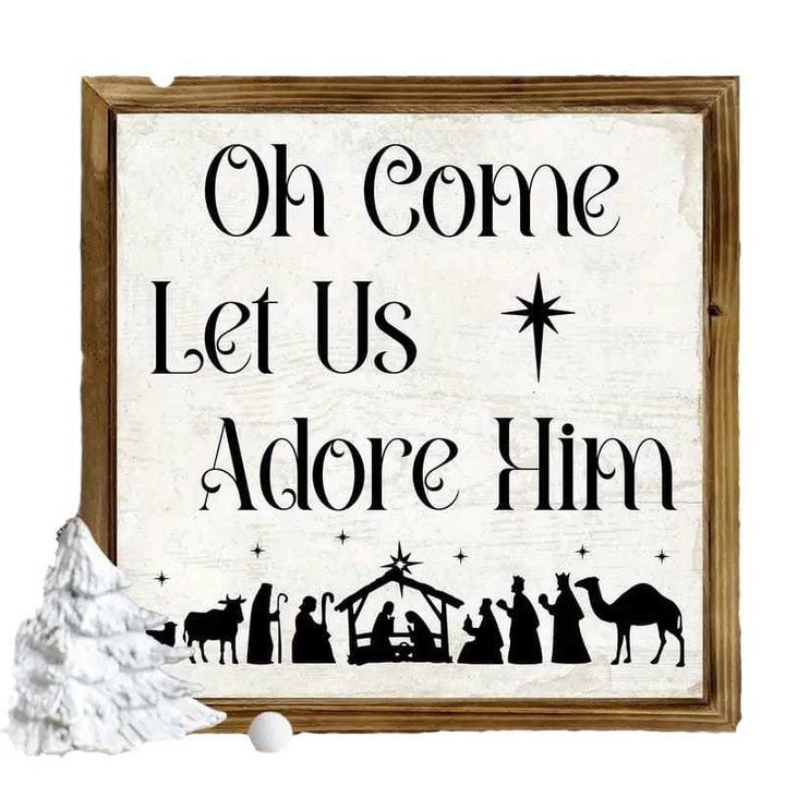 Christianartworkshop Klassischer Stil: „Oh Come Let Us Adore Him“, Weihnachtskrippe, Holzschild, Ornamente