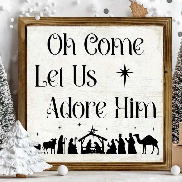 Christianartworkshop Klassischer Stil: „Oh Come Let Us Adore Him“, Weihnachtskrippe, Holzschild, Ornamente