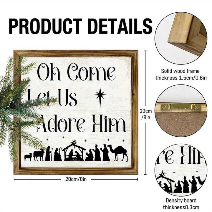 Christianartworkshop Klassischer Stil: „Oh Come Let Us Adore Him“, Weihnachtskrippe, Holzschild, Ornamente
