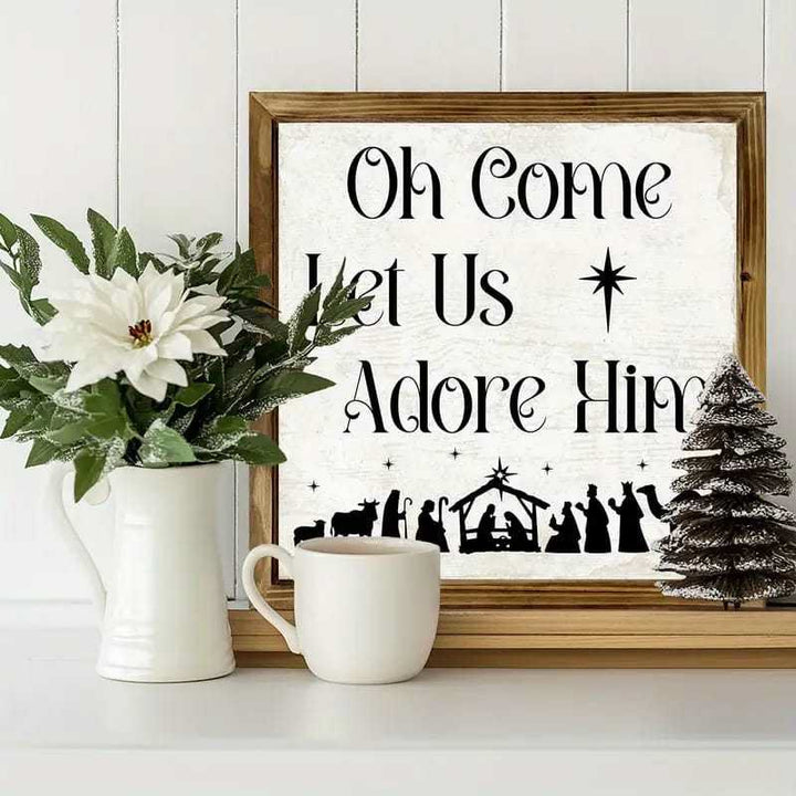 Christianartworkshop Klassischer Stil: „Oh Come Let Us Adore Him“, Weihnachtskrippe, Holzschild, Ornamente