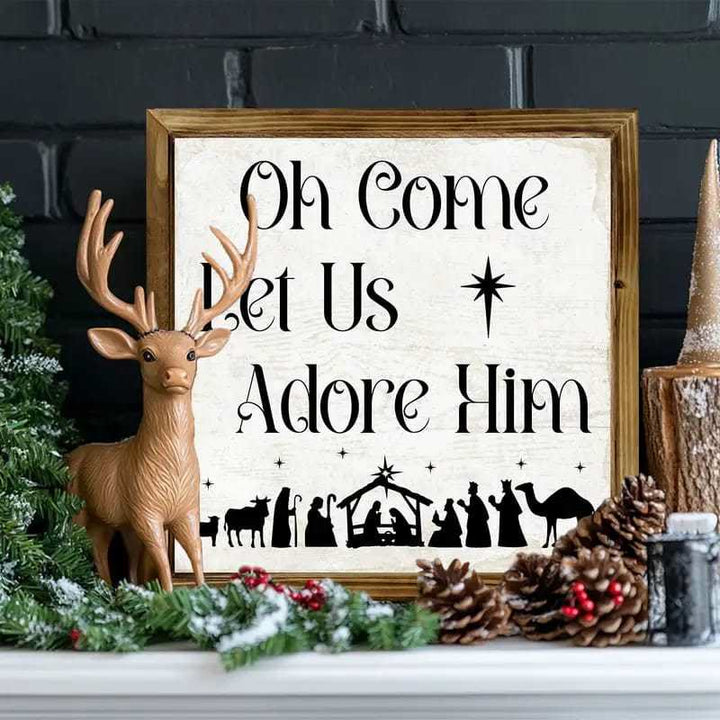 Christianartworkshop Klassischer Stil: „Oh Come Let Us Adore Him“, Weihnachtskrippe, Holzschild, Ornamente