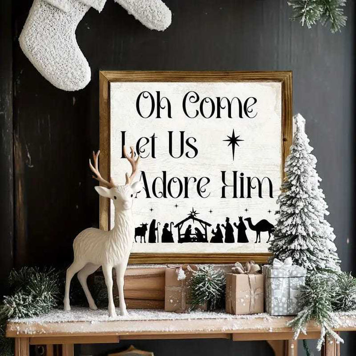 Christianartworkshop Klassischer Stil: „Oh Come Let Us Adore Him“, Weihnachtskrippe, Holzschild, Ornamente