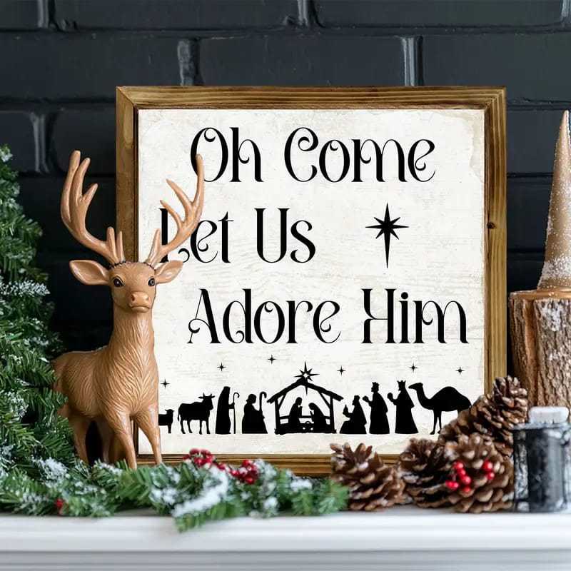 Christianartworkshop Klassischer Stil: „Oh Come Let Us Adore Him“, Weihnachtskrippe, Holzschild, Ornamente - Weihnachtskrippe - image 0