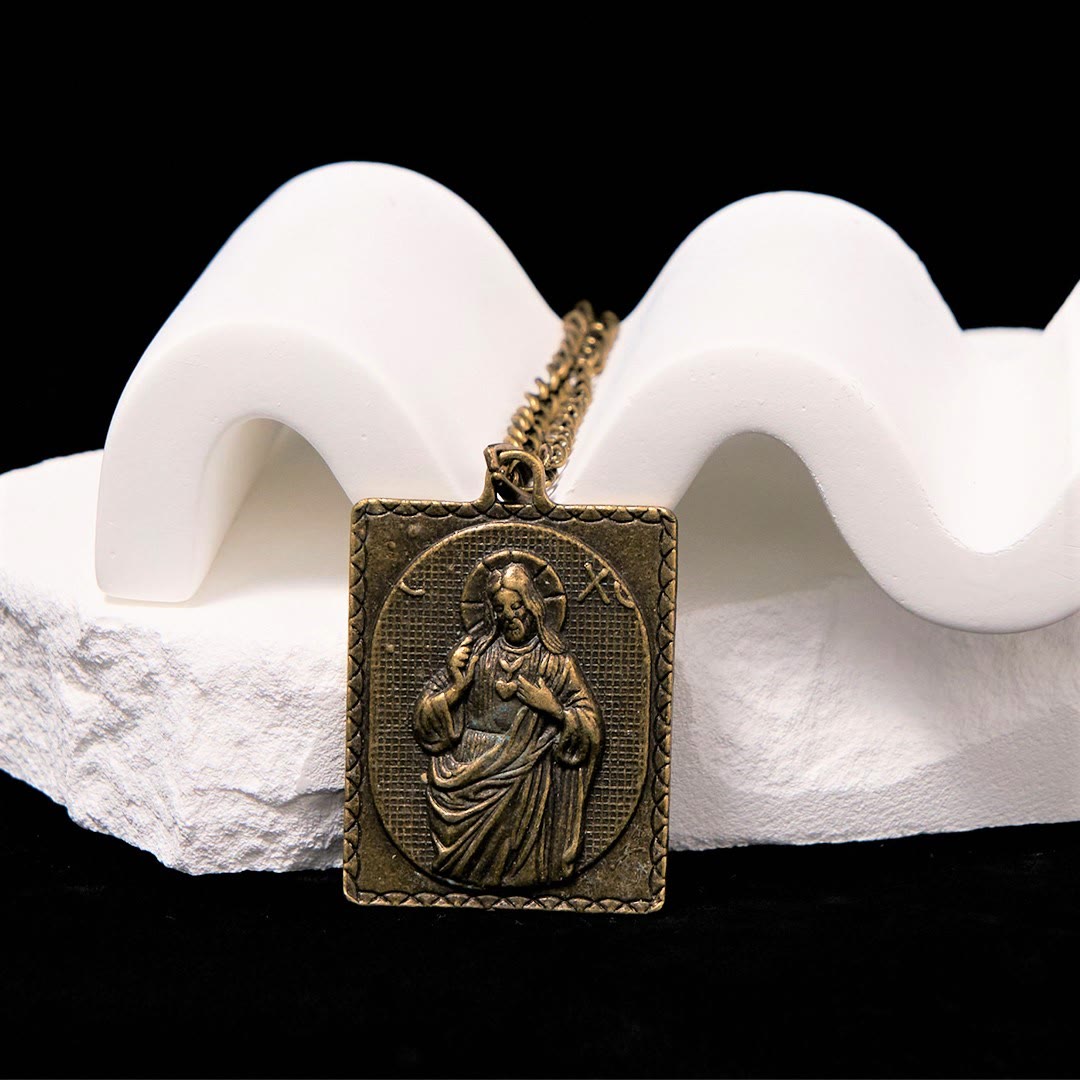 Christianartworkshop Halskette mit Kreuz des Heiligen Herzens im europäischen Stil, klassische Bronzeskulptur