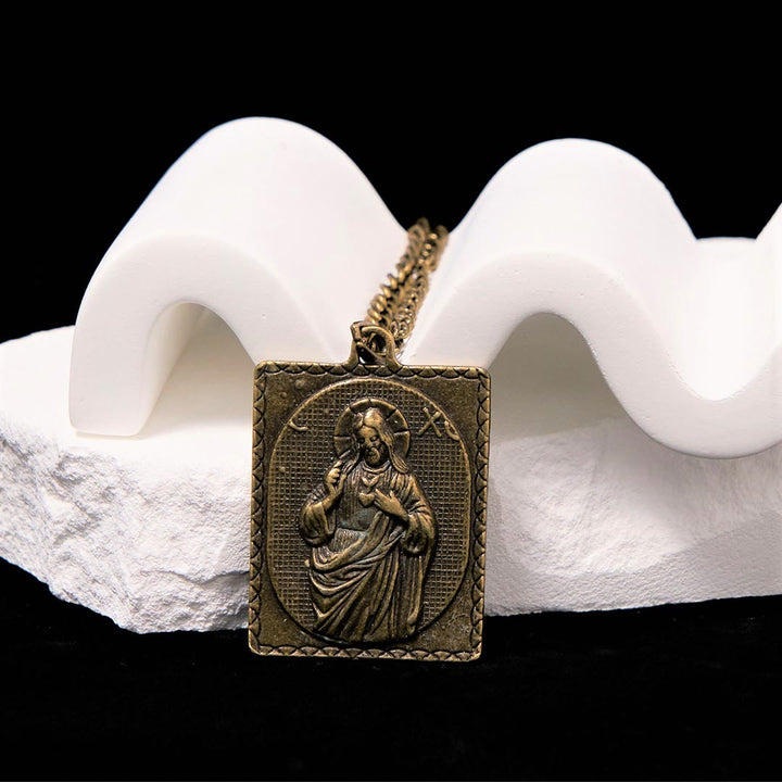 Christianartworkshop Halskette mit Kreuz des Heiligen Herzens im europäischen Stil, klassische Bronzeskulptur