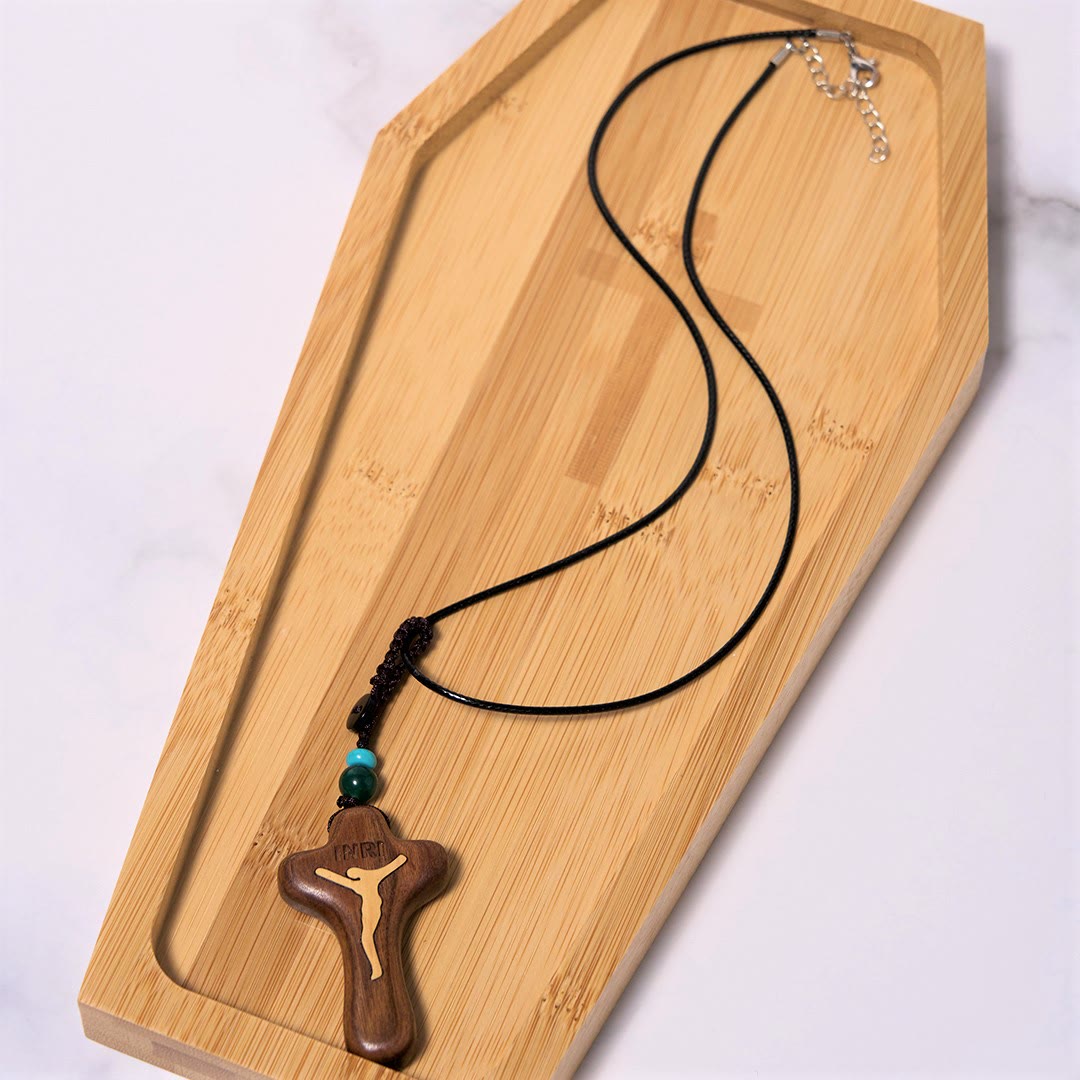 Christianartworkshop Minimalistischer Stil Sandelholz & Buchsbaum Jesus Kreuz Amulett Anhänger Schlüsselanhänger/Halskette