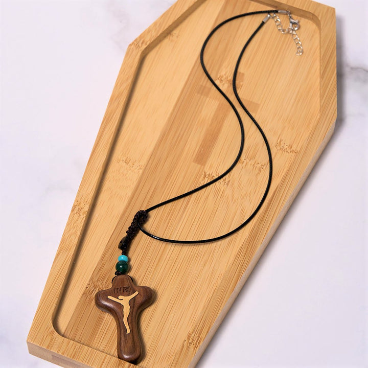 Christianartworkshop Minimalistischer Stil Sandelholz & Buchsbaum Jesus Kreuz Amulett Anhänger Schlüsselanhänger/Halskette