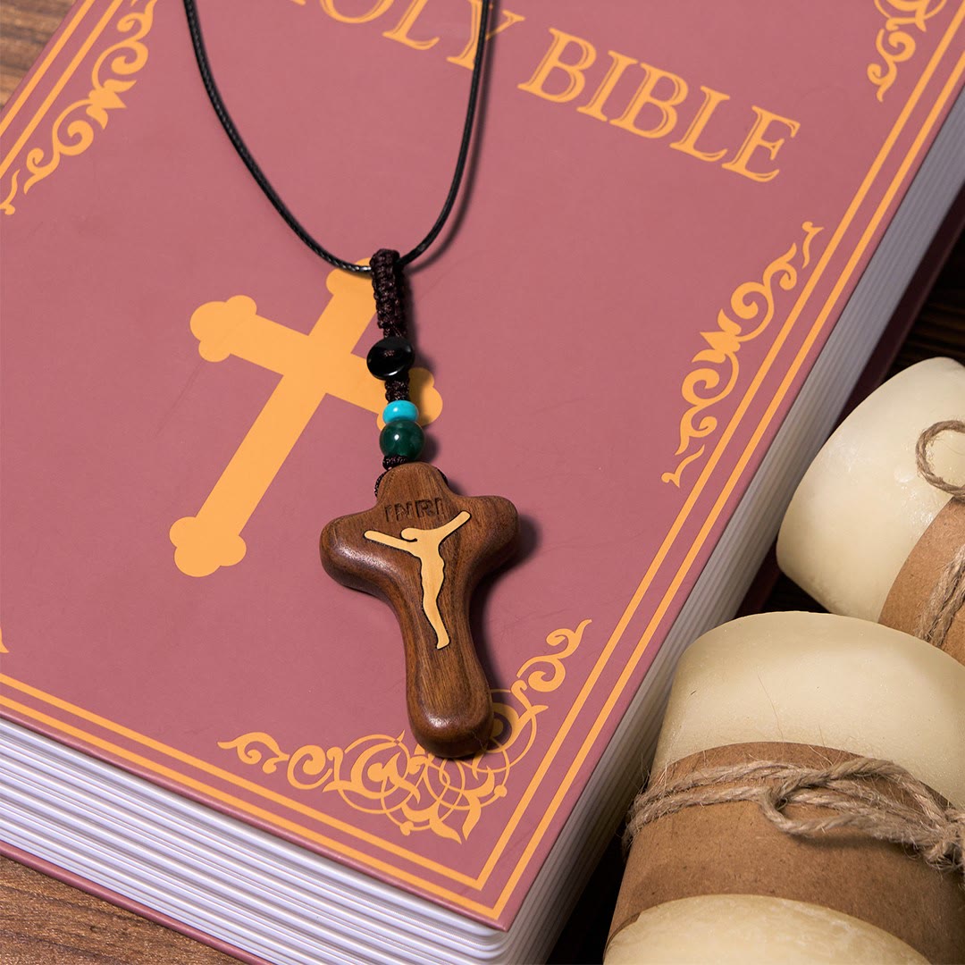 Christianartworkshop Minimalistischer Stil Sandelholz & Buchsbaum Jesus Kreuz Amulett Anhänger Schlüsselanhänger/Halskette