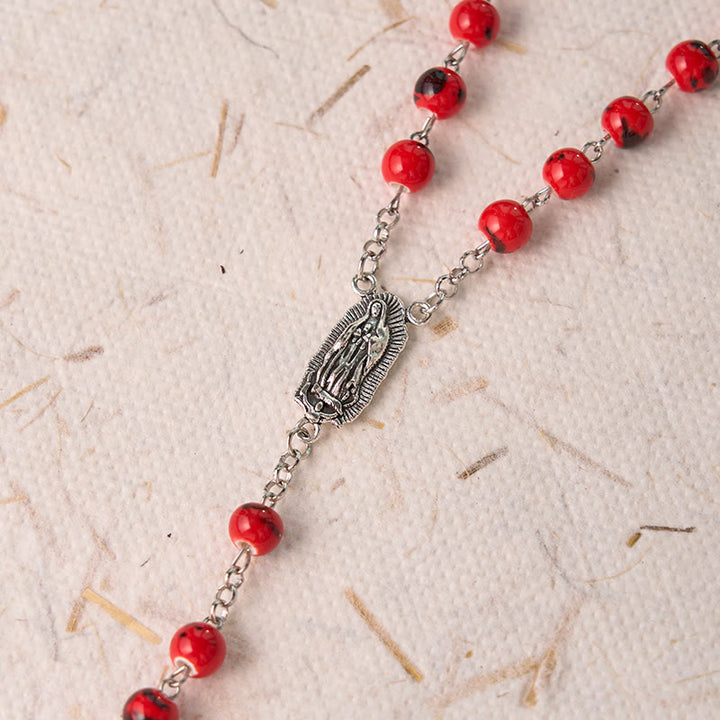 Christianartworkshop Rosenkranz „Unsere Liebe Frau von Guadalupe“ und Kruzifix, rund, 8 mm, rote Keramiklegierung
