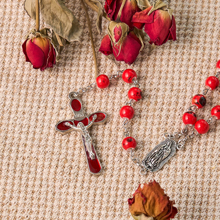Christianartworkshop Rosenkranz „Unsere Liebe Frau von Guadalupe“ und Kruzifix, rund, 8 mm, rote Keramiklegierung