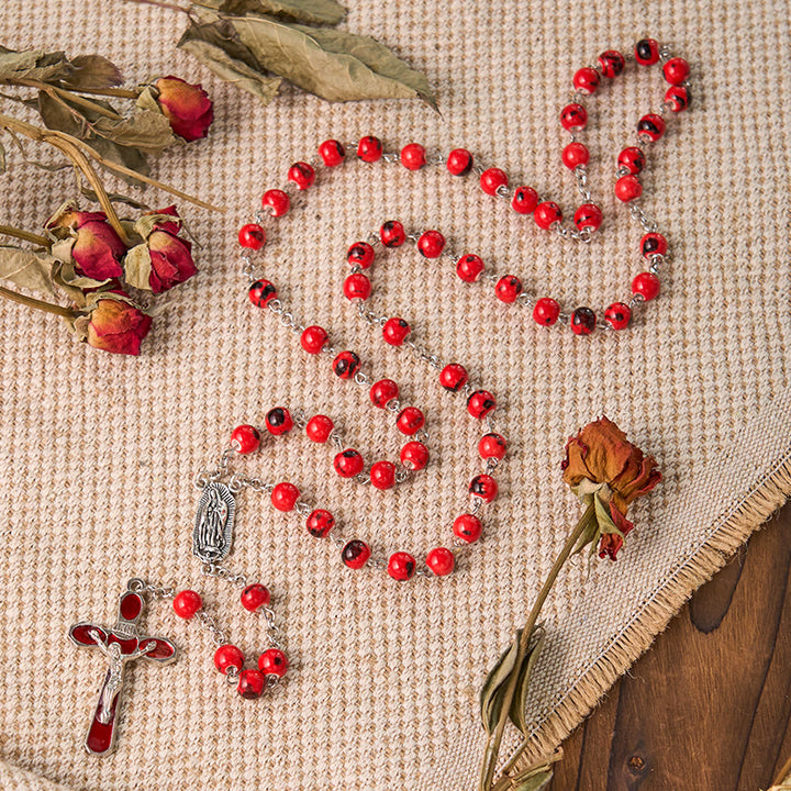 Christianartworkshop Rosenkranz „Unsere Liebe Frau von Guadalupe“ und Kruzifix, rund, 8 mm, rote Keramiklegierung