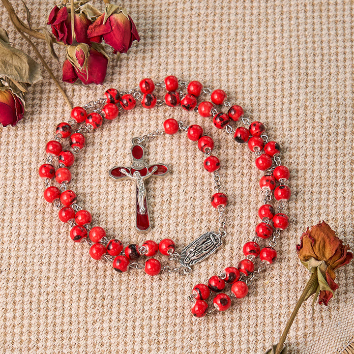 Christianartworkshop Rosenkranz „Unsere Liebe Frau von Guadalupe“ und Kruzifix, rund, 8 mm, rote Keramiklegierung