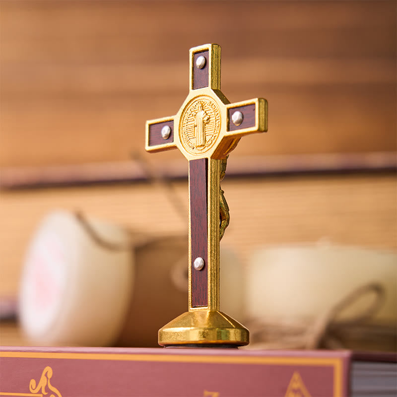 Christianartworkshop Europäisches klassisches traditionelles Benediktkreuz-Ornament mit Holzeinlage