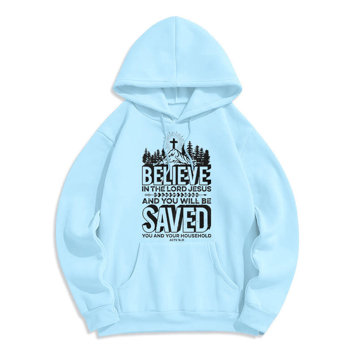 Christianartworkshop Moderner Stil: Glaube an den Herrn Jesus, mit Fleece gefütterter Polyester-Kapuzenpullover - Blau - 2XL - image 25