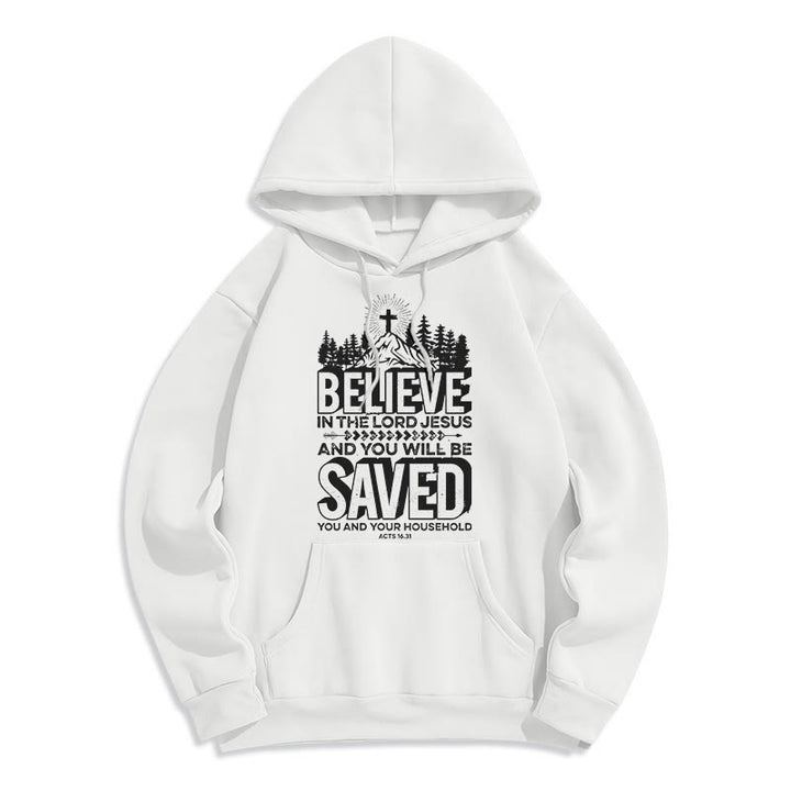 Christianartworkshop Moderner Stil: Glaube an den Herrn Jesus, mit Fleece gefütterter Polyester-Kapuzenpullover - Weiß - 2XL - image 5