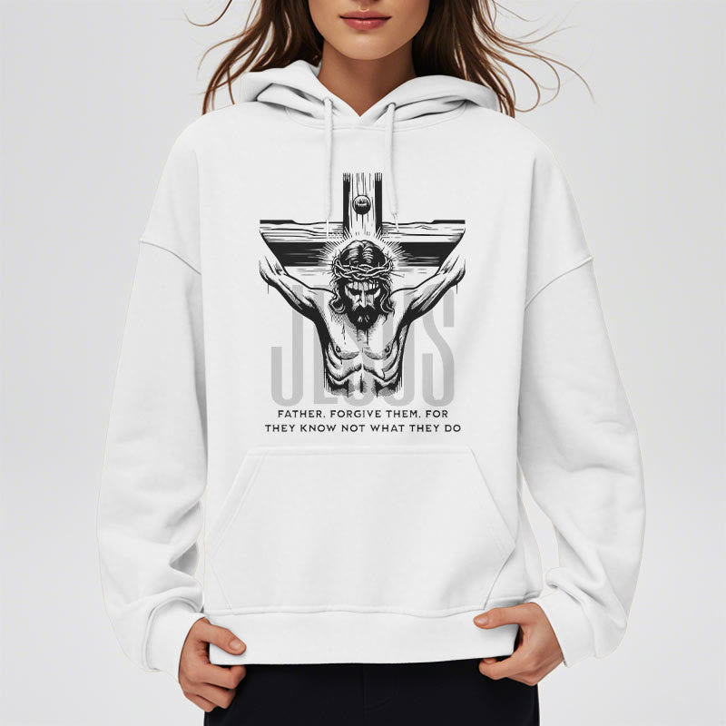 Christianartworkshop Kapuzenpullover aus Polyester im klassischen Stil mit Aufschrift „Vater, vergib ihnen“ und Kruzifix, mit Fleecefutter