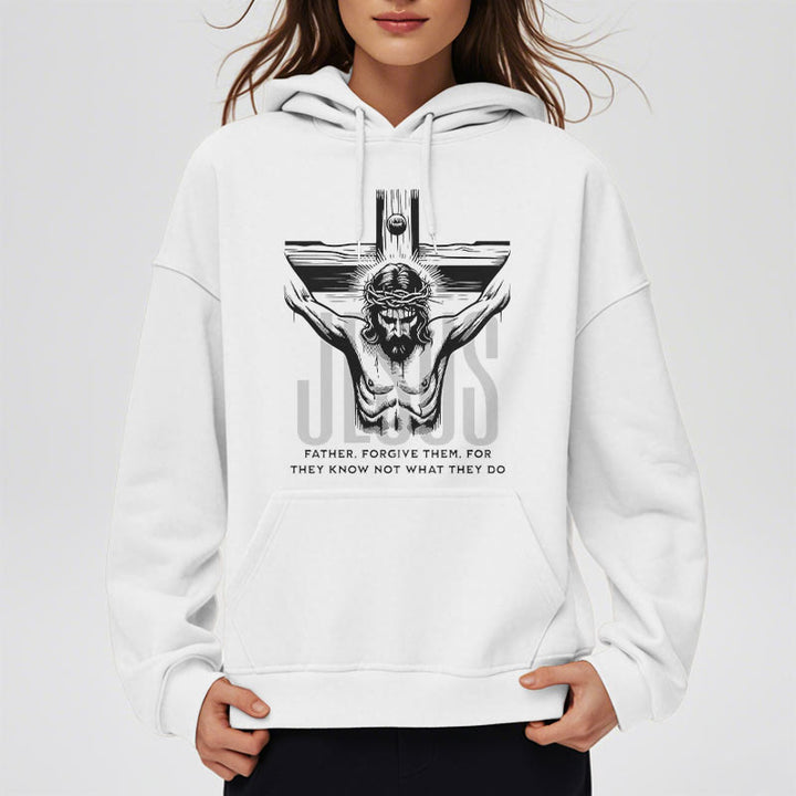 Christianartworkshop Kapuzenpullover aus Polyester im klassischen Stil mit Aufschrift „Vater, vergib ihnen“ und Kruzifix, mit Fleecefutter