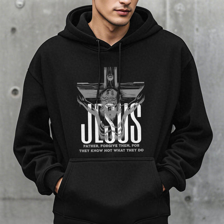 Christianartworkshop Kapuzenpullover aus Polyester im klassischen Stil mit Aufschrift „Vater, vergib ihnen“ und Kruzifix, mit Fleecefutter