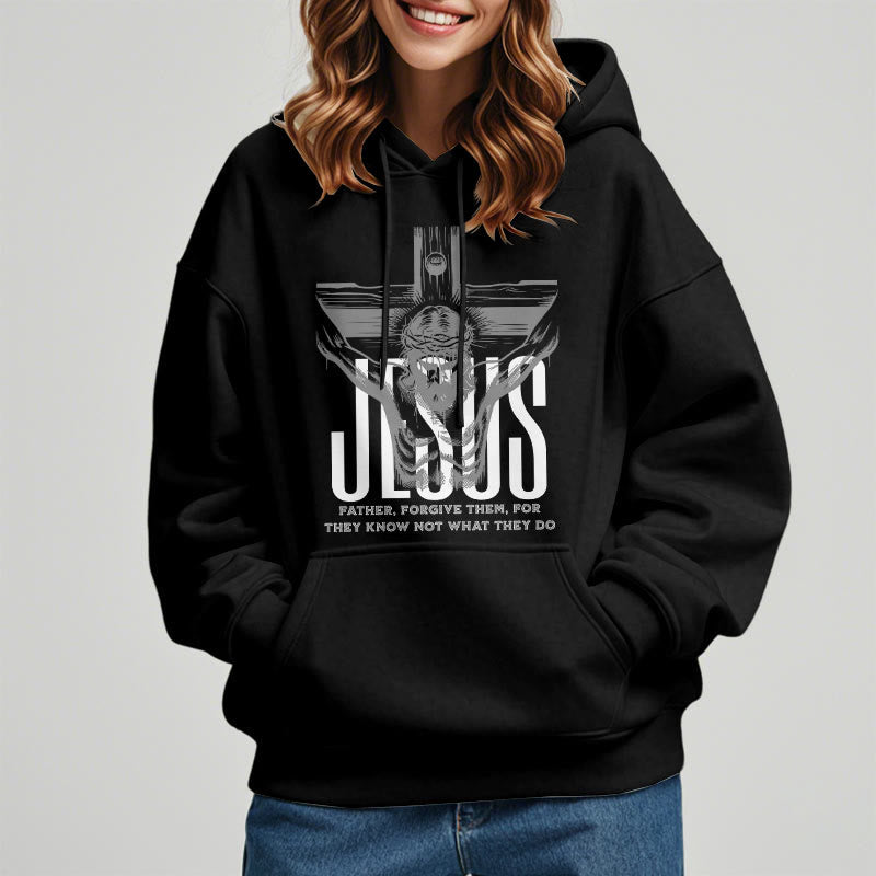 Christianartworkshop Kapuzenpullover aus Polyester im klassischen Stil mit Aufschrift „Vater, vergib ihnen“ und Kruzifix, mit Fleecefutter