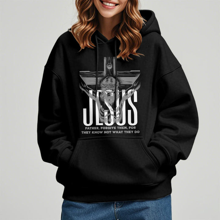 Christianartworkshop Kapuzenpullover aus Polyester im klassischen Stil mit Aufschrift „Vater, vergib ihnen“ und Kruzifix, mit Fleecefutter