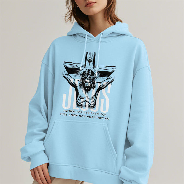 Christianartworkshop Kapuzenpullover aus Polyester im klassischen Stil mit Aufschrift „Vater, vergib ihnen“ und Kruzifix, mit Fleecefutter