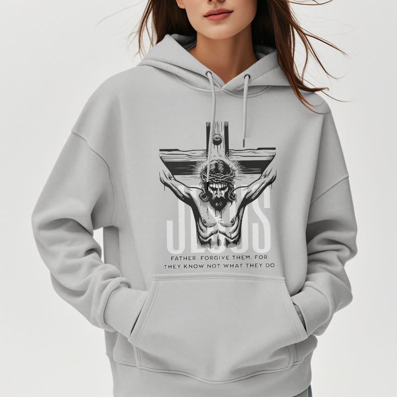 Christianartworkshop Kapuzenpullover aus Polyester im klassischen Stil mit Aufschrift „Vater, vergib ihnen“ und Kruzifix, mit Fleecefutter