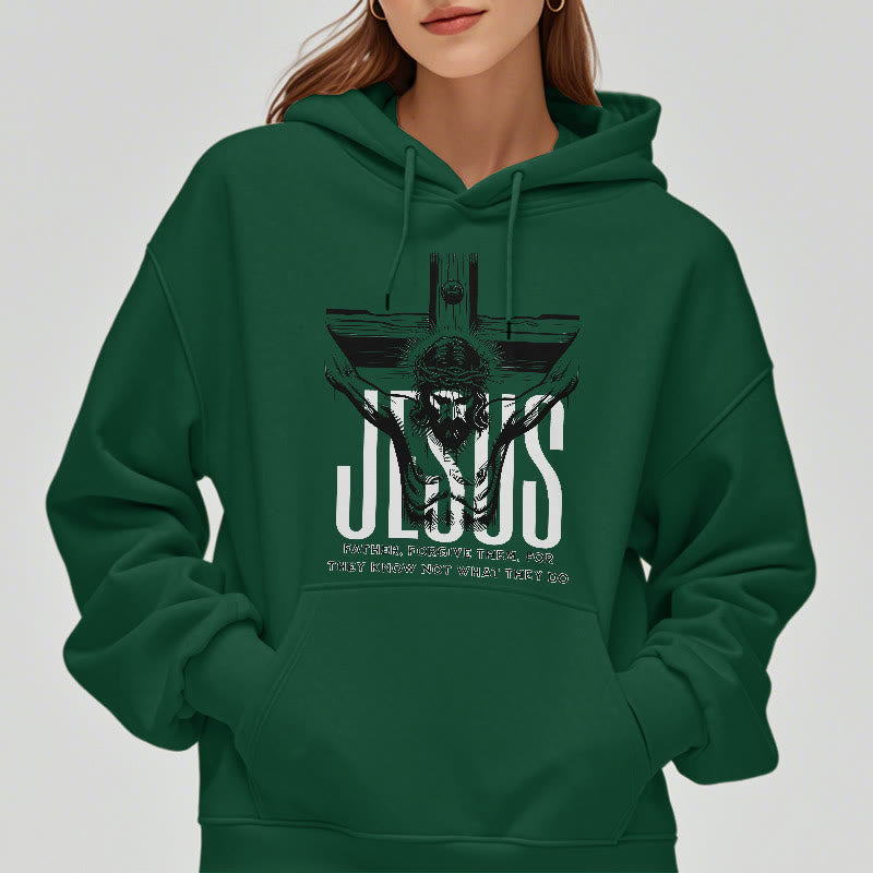Christianartworkshop Kapuzenpullover aus Polyester im klassischen Stil mit Aufschrift „Vater, vergib ihnen“ und Kruzifix, mit Fleecefutter