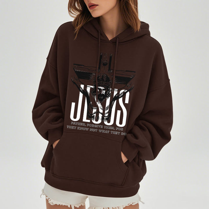Christianartworkshop Kapuzenpullover aus Polyester im klassischen Stil mit Aufschrift „Vater, vergib ihnen“ und Kruzifix, mit Fleecefutter