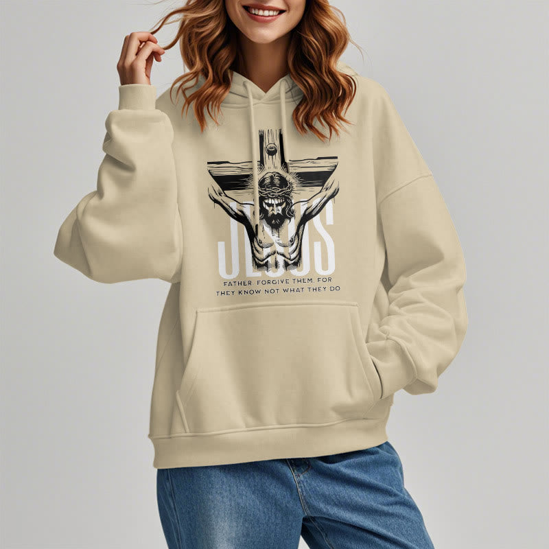 Christianartworkshop Kapuzenpullover aus Polyester im klassischen Stil mit Aufschrift „Vater, vergib ihnen“ und Kruzifix, mit Fleecefutter