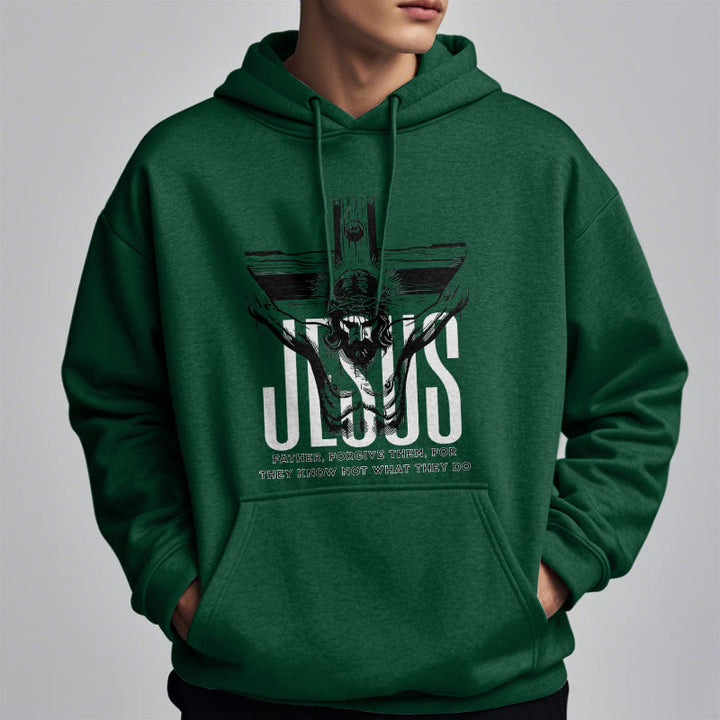 Christianartworkshop Kapuzenpullover aus Polyester im klassischen Stil mit Aufschrift „Vater, vergib ihnen“ und Kruzifix, mit Fleecefutter