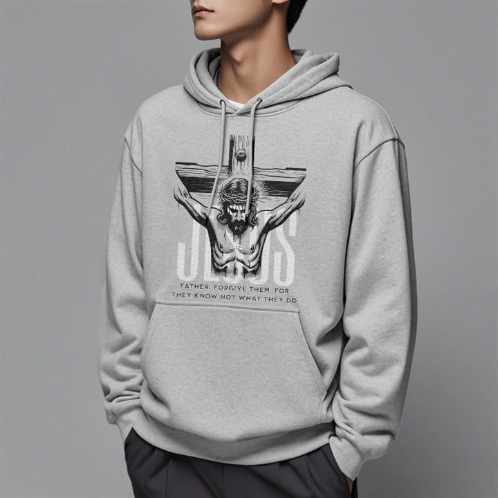 Christianartworkshop Kapuzenpullover aus Polyester im klassischen Stil mit Aufschrift „Vater, vergib ihnen“ und Kruzifix, mit Fleecefutter