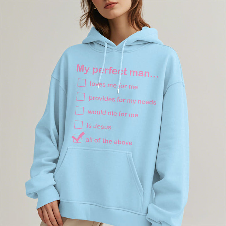 Christianartworkshop Moderner Stil „My Perfect Man Is Jesus“ Polyester-Kapuzenpullover mit Fleecefutter