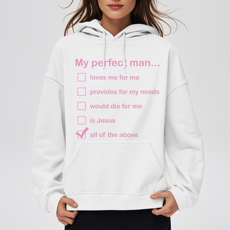Christianartworkshop Moderner Stil „My Perfect Man Is Jesus“ Polyester-Kapuzenpullover mit Fleecefutter - image 1