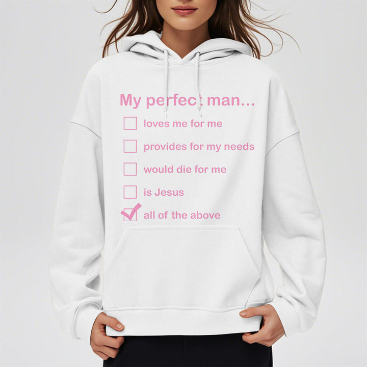 Christianartworkshop Moderner Stil „My Perfect Man Is Jesus“ Polyester-Kapuzenpullover mit Fleecefutter - image 1
