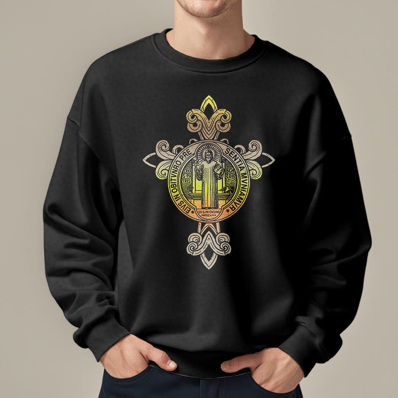 Christianartworkshop Farbiges Sweatshirt mit St.-Benedikt-Emblem und Rankenmuster, gefüttert mit Polyester, Fleece-Futter - image 1