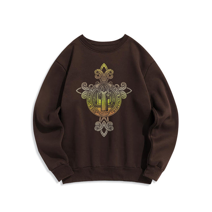 Christianartworkshop Farbiges Sweatshirt mit St.-Benedikt-Emblem und Rankenmuster, gefüttert mit Polyester, Fleece-Futter - Braun - 2XL - image 15