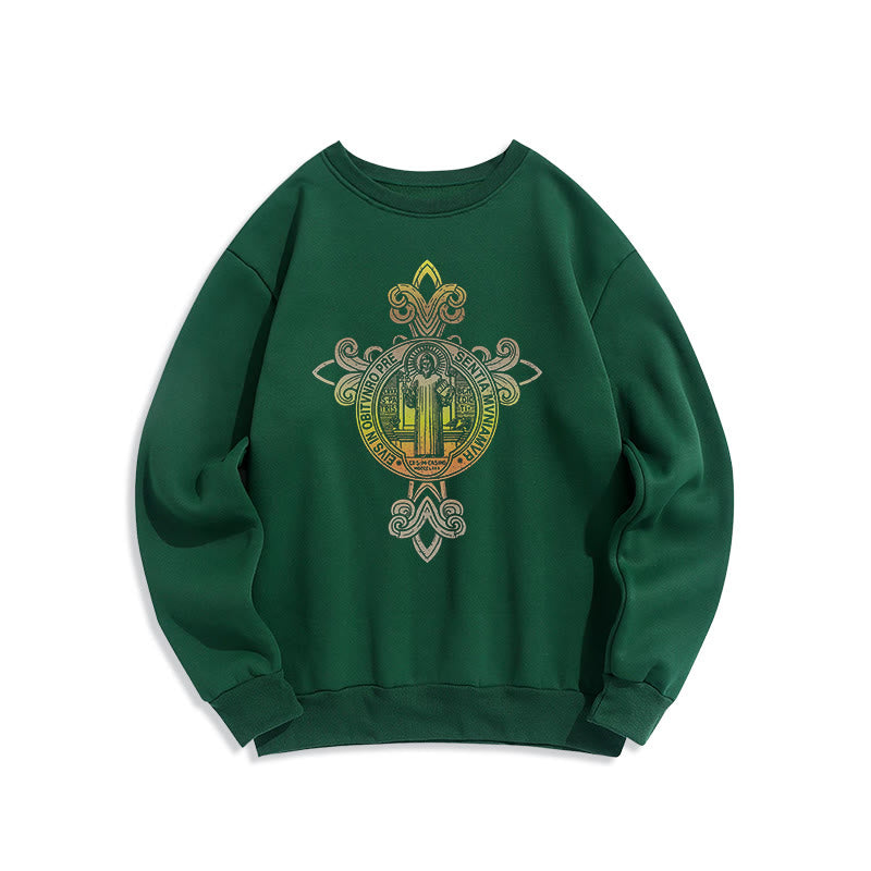 Christianartworkshop Farbiges Sweatshirt mit St.-Benedikt-Emblem und Rankenmuster, gefüttert mit Polyester, Fleece-Futter - Grün - 2XL - image 20