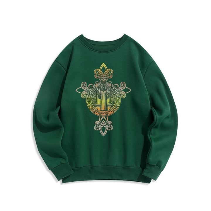Christianartworkshop Farbiges Sweatshirt mit St.-Benedikt-Emblem und Rankenmuster, gefüttert mit Polyester, Fleece-Futter - Grün - 2XL - image 20