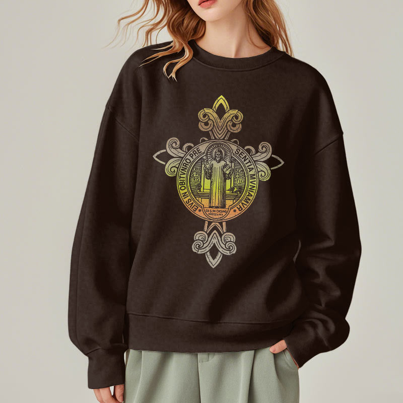Christianartworkshop Farbiges Sweatshirt mit St. Benedikt-Emblem und Schnörkeln, mit Fleecefutter, Polyester