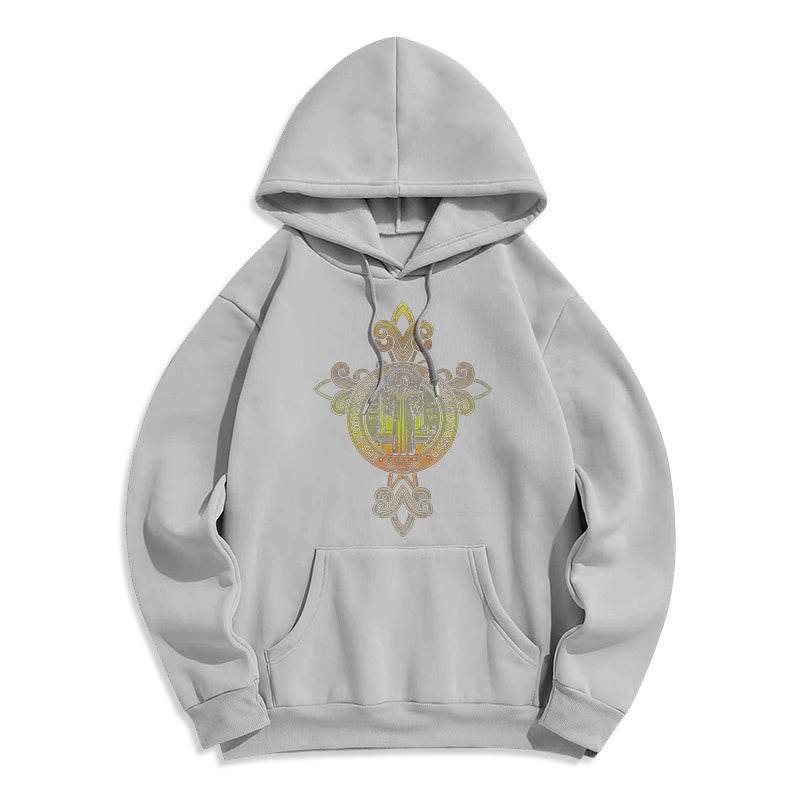 Christianartworkshop Farbiger Stil St. Benedikt Emblem Scrollwork Fleece gefüttert Polyester Hoodie
