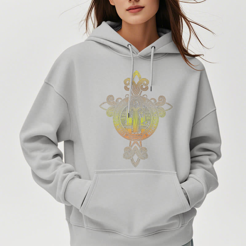 Christianartworkshop Farbiger Stil St. Benedikt Emblem Scrollwork Fleece gefüttert Polyester Hoodie