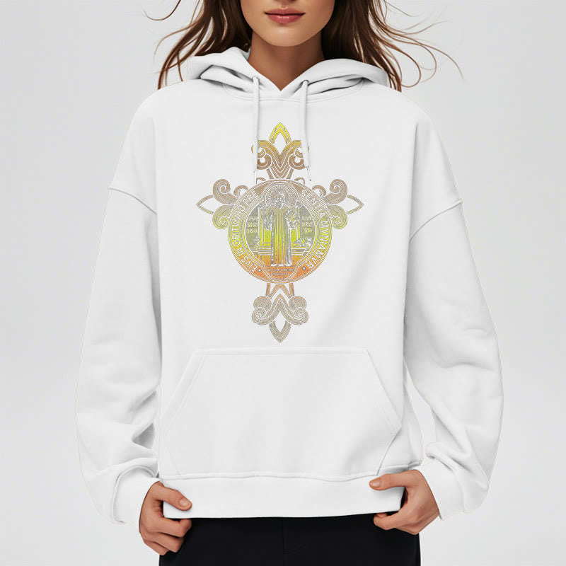 Christianartworkshop Farbiger Stil St. Benedikt Emblem Scrollwork Fleece gefüttert Polyester Hoodie