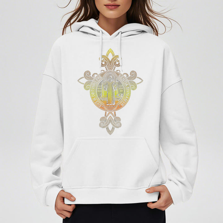 Christianartworkshop Farbiger Stil St. Benedikt Emblem Scrollwork Fleece gefüttert Polyester Hoodie