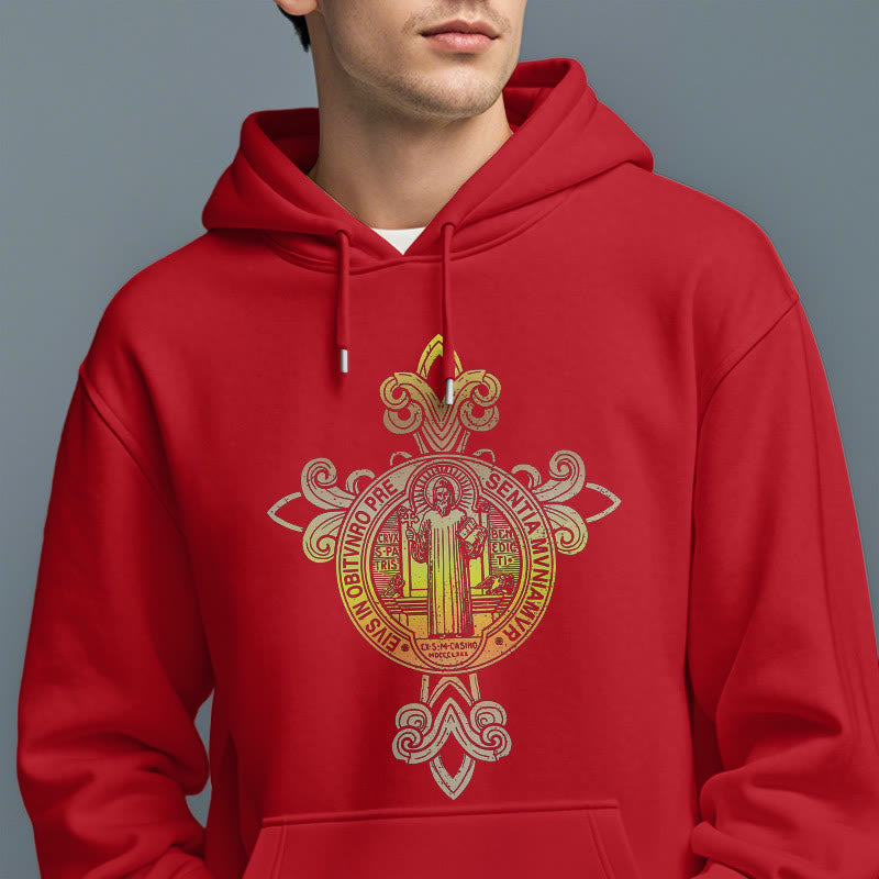 Christianartworkshop Farbiger Stil St. Benedikt Emblem Scrollwork Fleece gefüttert Polyester Hoodie