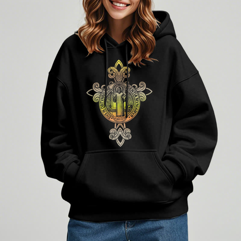 Christianartworkshop Farbiger Stil St. Benedikt Emblem Scrollwork Fleece gefüttert Polyester Hoodie