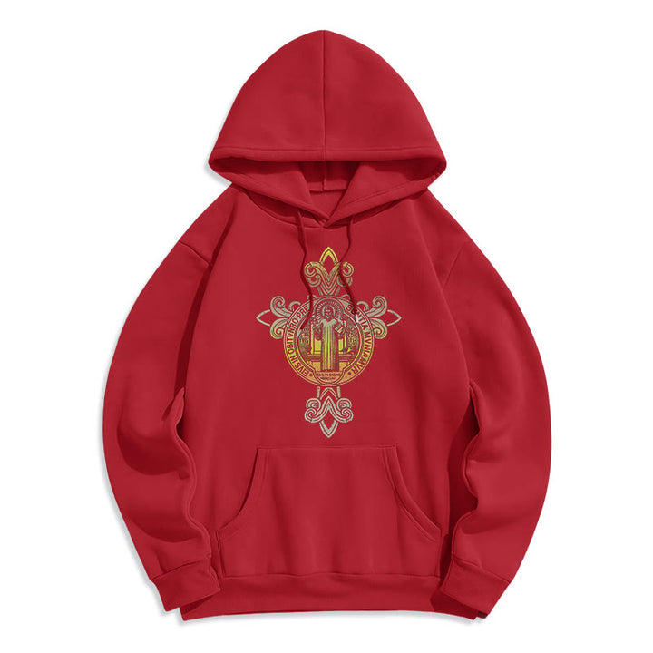 Christianartworkshop Farbiger Stil St. Benedikt Emblem Scrollwork Fleece gefüttert Polyester Hoodie