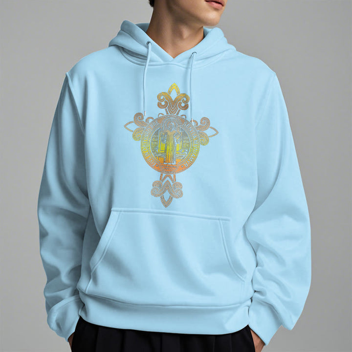 Christianartworkshop Farbiger Stil St. Benedikt Emblem Scrollwork Fleece gefüttert Polyester Hoodie
