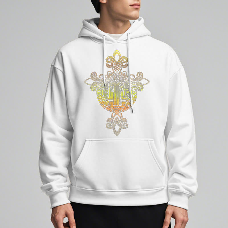 Christianartworkshop Farbiger Stil St. Benedikt Emblem Scrollwork Fleece gefüttert Polyester Hoodie