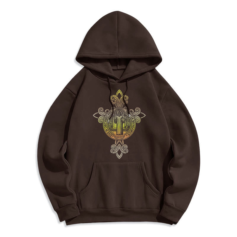 Christianartworkshop Farbiger Stil St. Benedikt Emblem Scrollwork Fleece gefüttert Polyester Hoodie