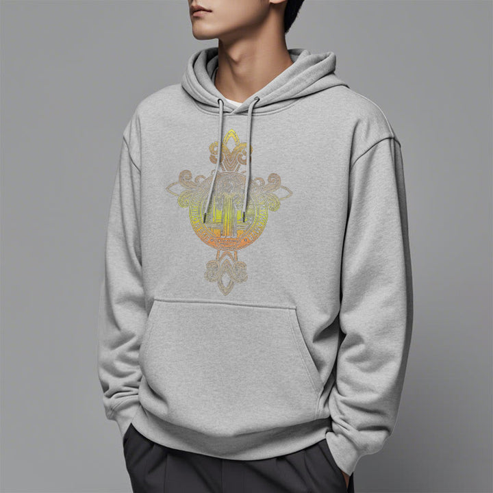 Christianartworkshop Farbiger Stil St. Benedikt Emblem Scrollwork Fleece gefüttert Polyester Hoodie